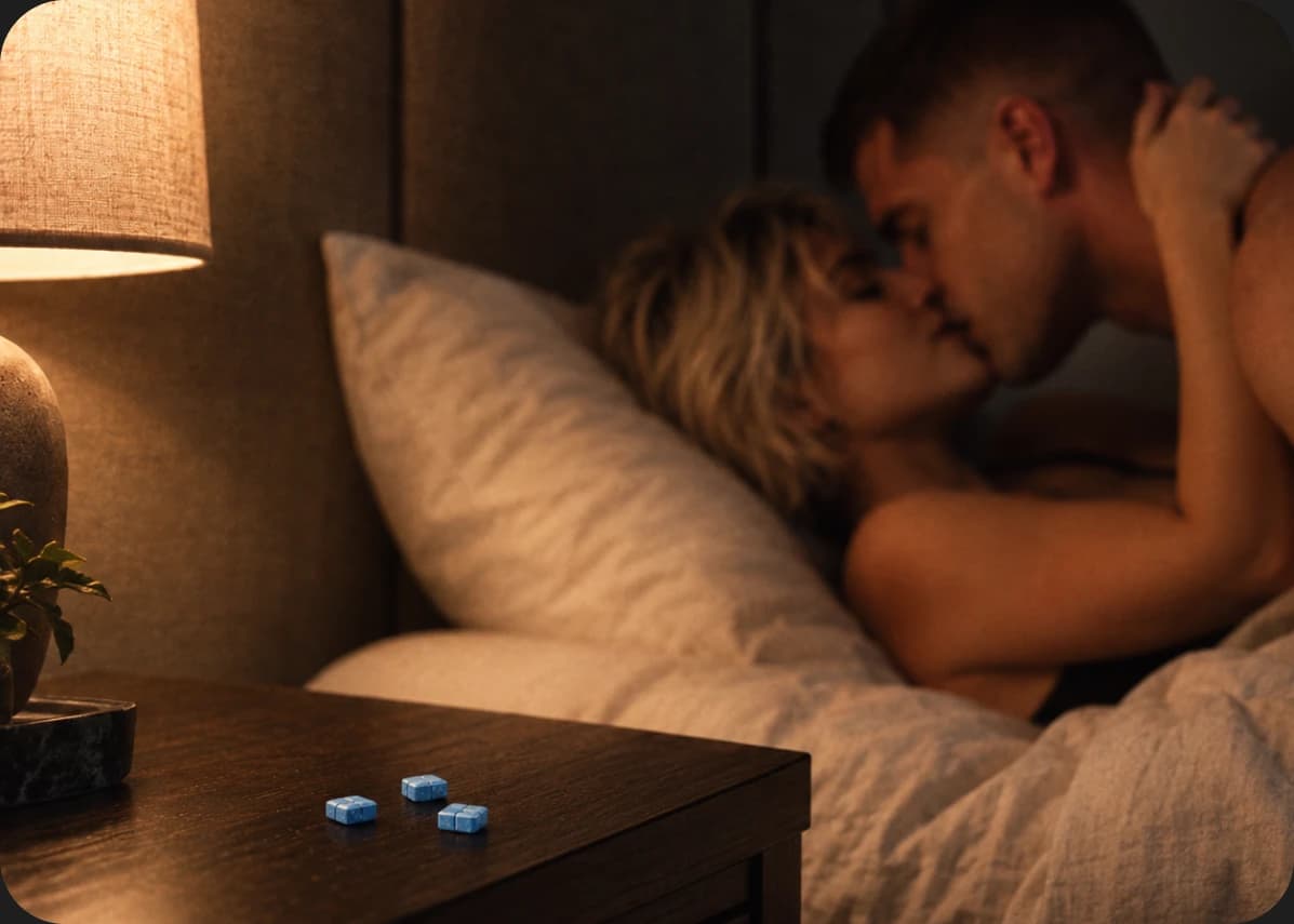 Three CORE4 doses on a nightstand beside a lit lamp, with a couple kissing in bed in the background