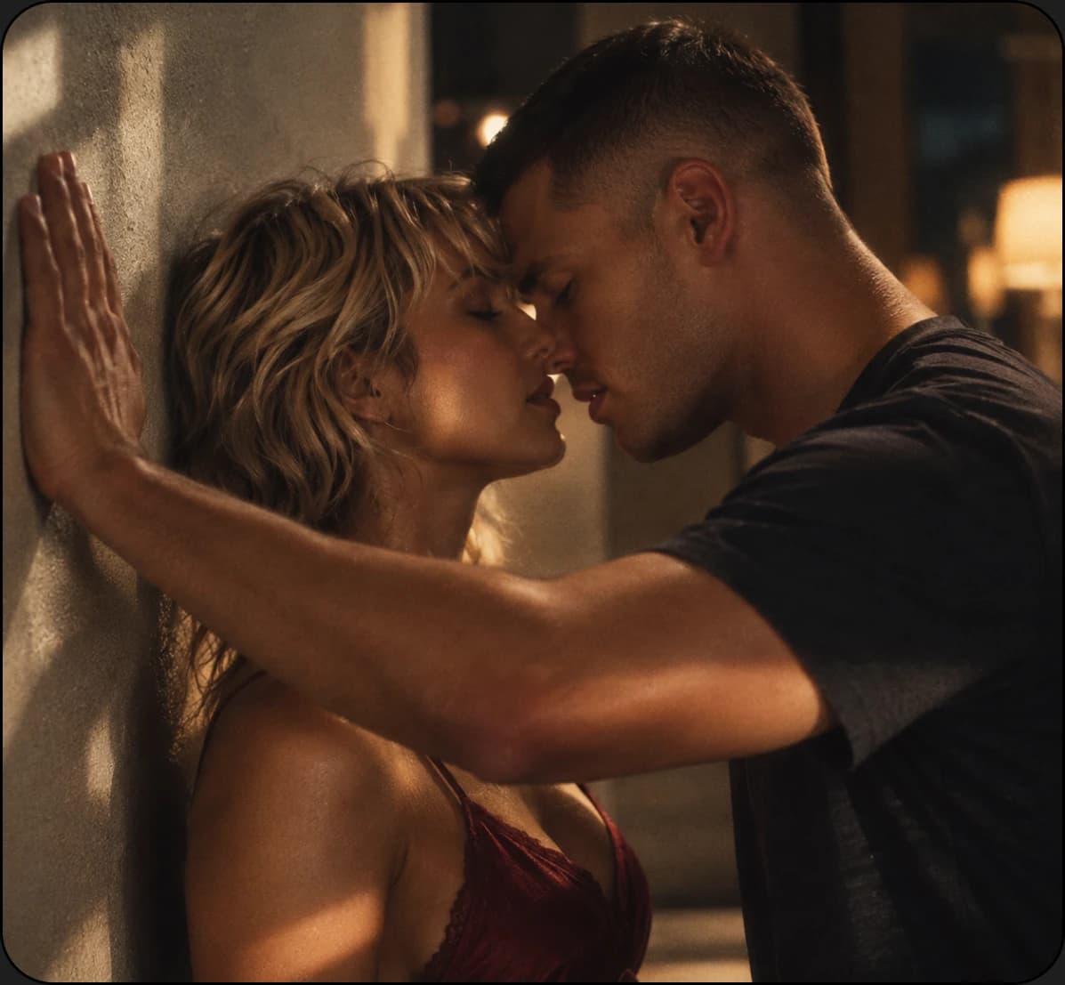 Close-up of a couple embracing intimately against a wall